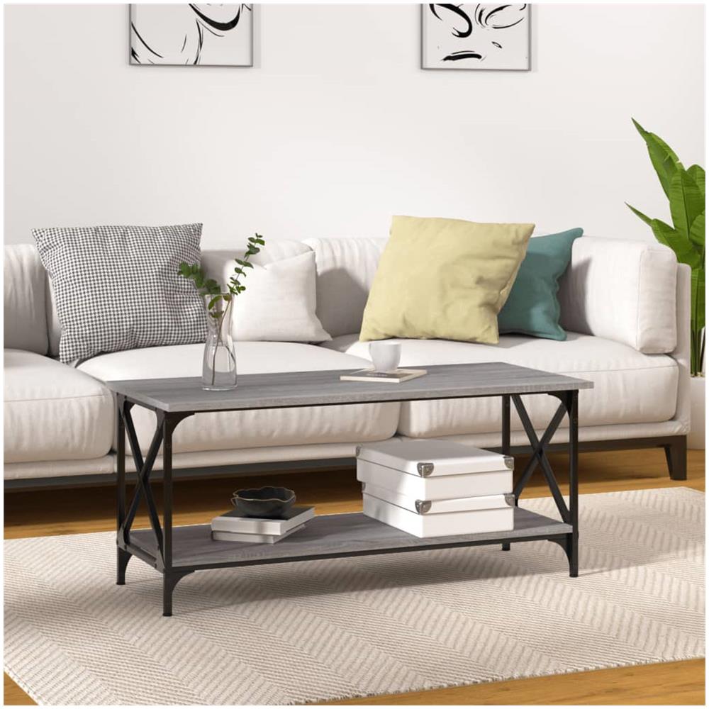 Tavolino Grigio Sonoma 100x45x45cm In Legno Multistrato E Ferro - Foto 1