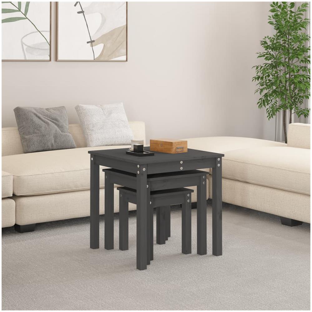 Tavolini A Incastro 3 Pz Grigio In Legno Massello Di Pino - Foto 3