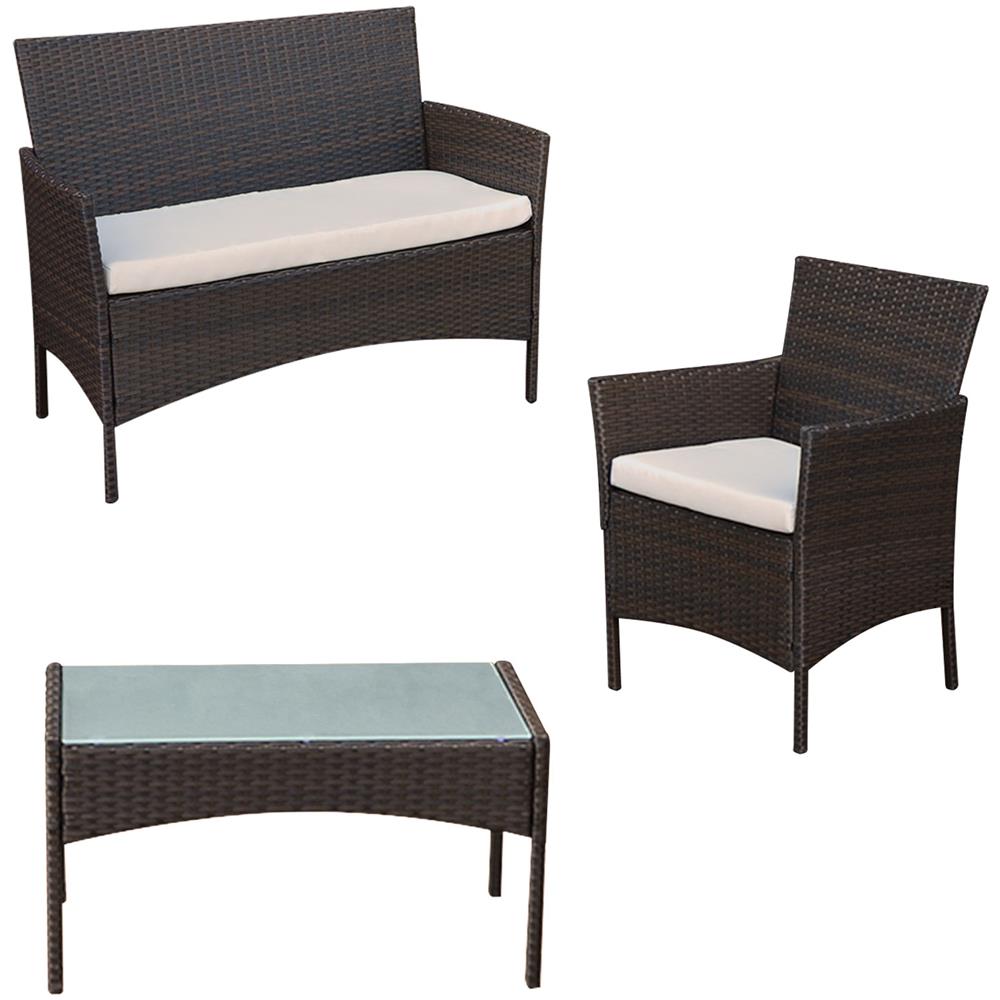 Set Di Mobili Da Giardino Corfou In Resina Intrecciata Marrone - 4 Posti - Cuscini Beige - Foto 2