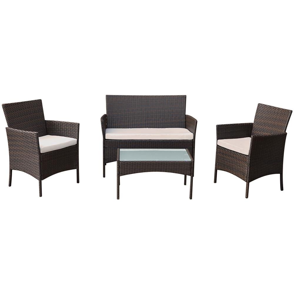 Set Di Mobili Da Giardino Corfou In Resina Intrecciata Marrone - 4 Posti - Cuscini Beige - Foto 1