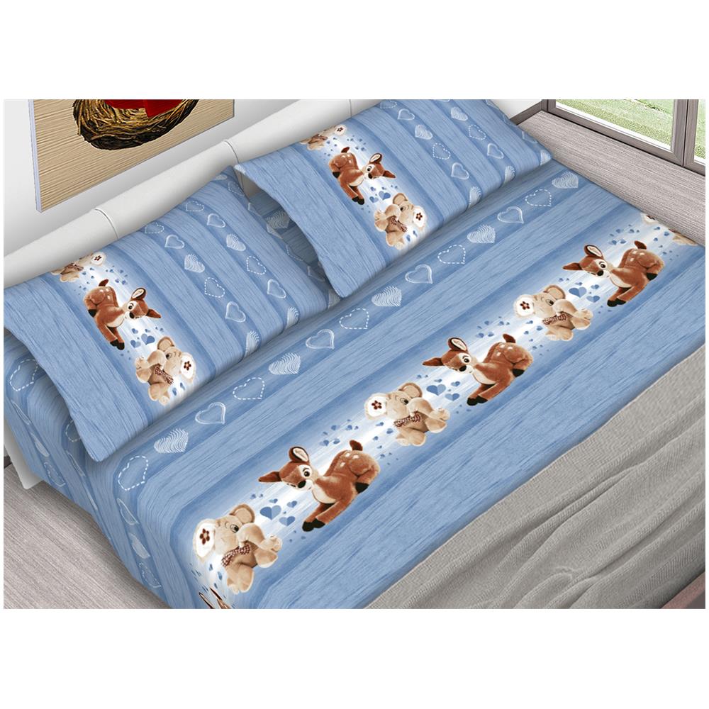 Completo Lenzuola In 100% Cotone Dis. Peluches Colore Azzurro C.n. Singolo Azzurro - Foto 1