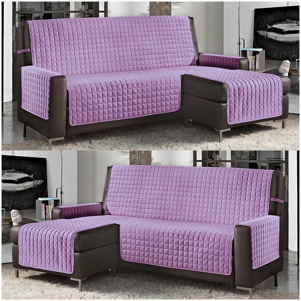 Copridivano Con Penisola Destra / sinistra Trapuntato Tinta Unita Antimacchia Reversibile 4 Posti Lilla - Foto 1