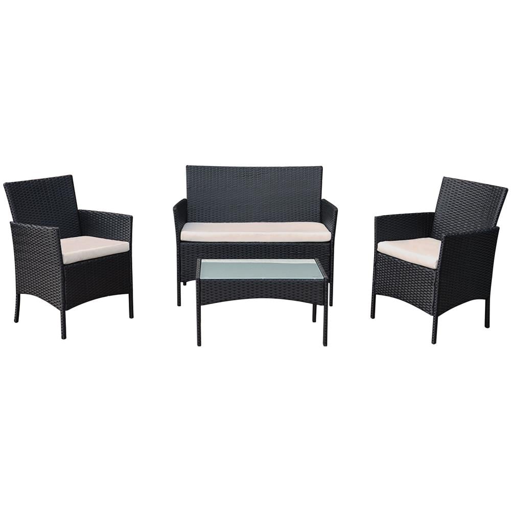 Set Di Mobili Da Giardino Corfou In Resina Intrecciata Nera - 4 Posti - Cuscini Beige - Foto 1