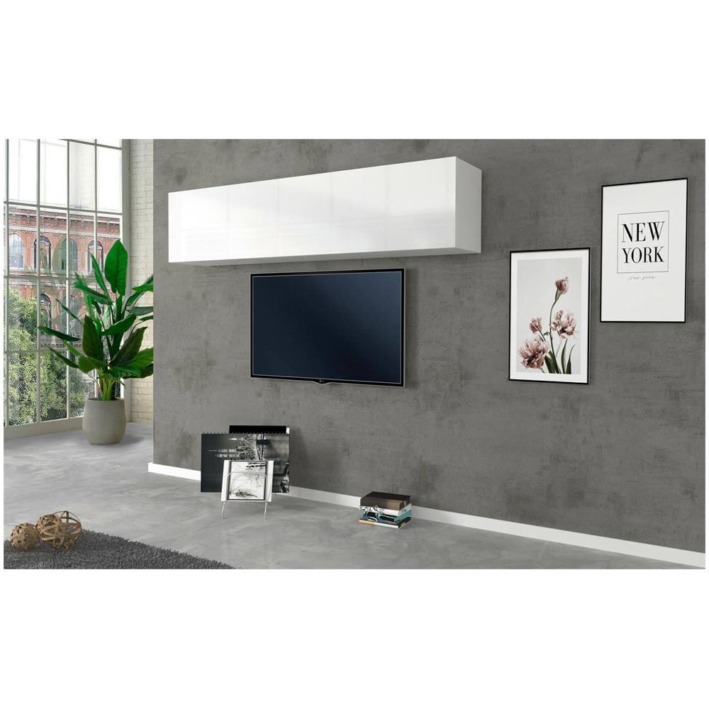 Mobile Pensile Luca, Armadio Multiuso, Mobiletto A Muro, 100% Made In Italy, Cm 180x30h40, Bianco Lucido - Foto 1