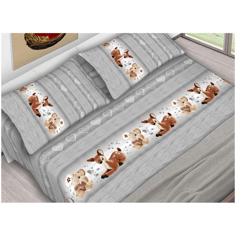 Completo Lenzuola In 100% Cotone Dis. Peluches Colore Grigio C.n. Matrimoniale Grigio - Foto 1