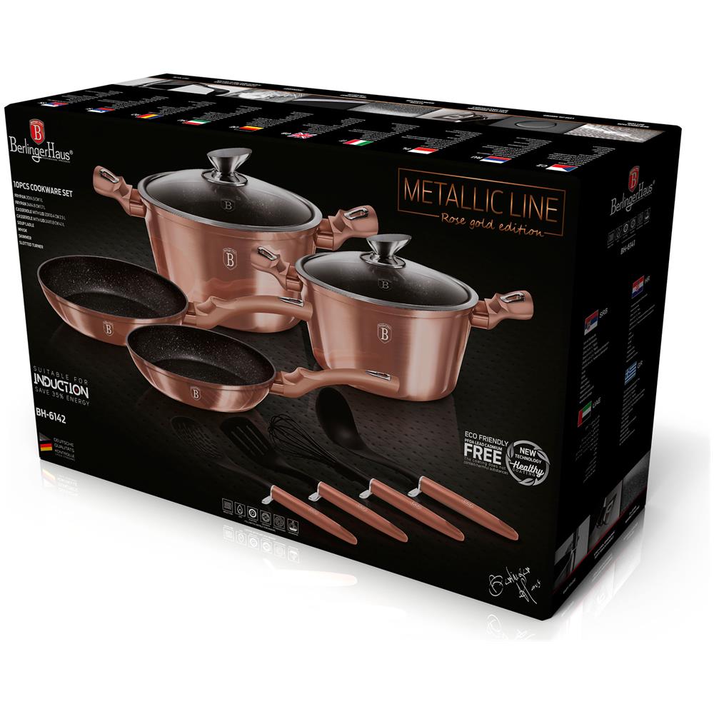 Rose Gold Set Di Pentole Induzione 10-piece Alluminio Antiaderente 2 Casseruoli 2 Padelle Oro Rosa - Foto 2
