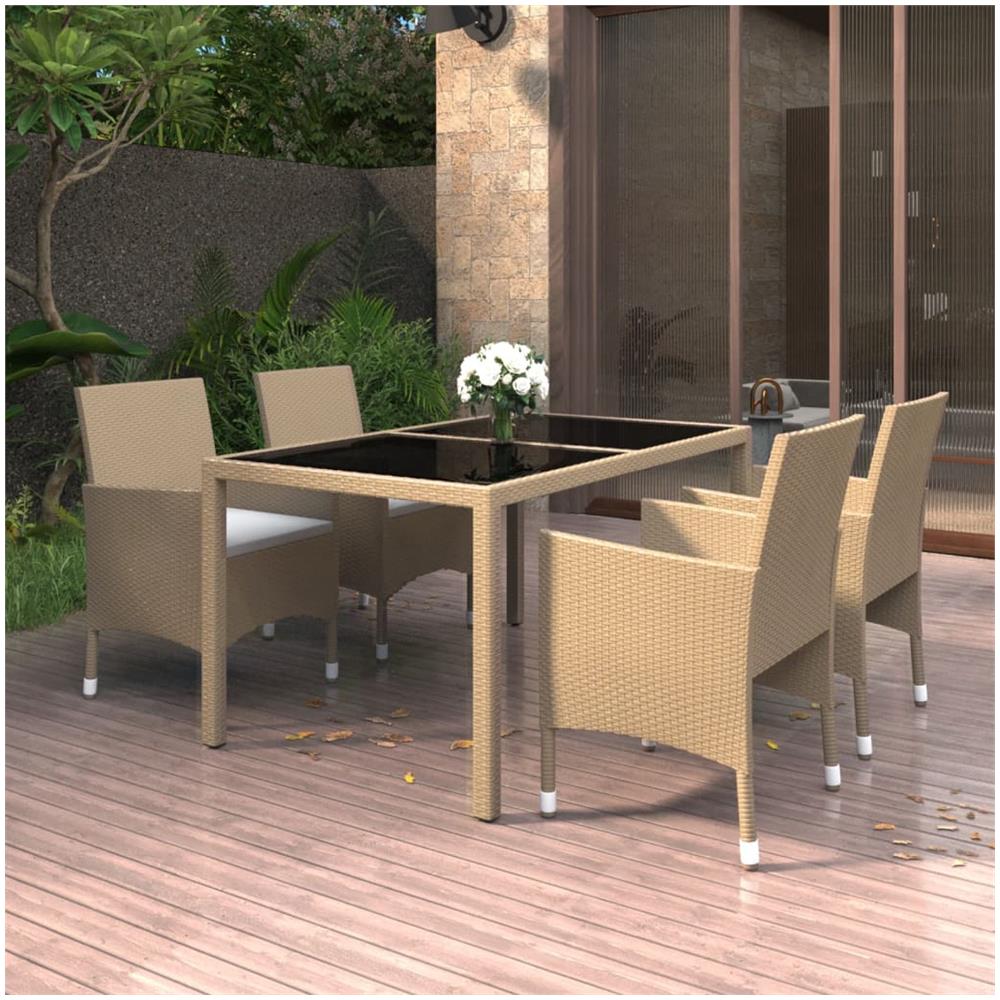 Set Da Pranzo Giardino 5 Pz Polyrattan E Vetro Temperato Beige - Foto 1