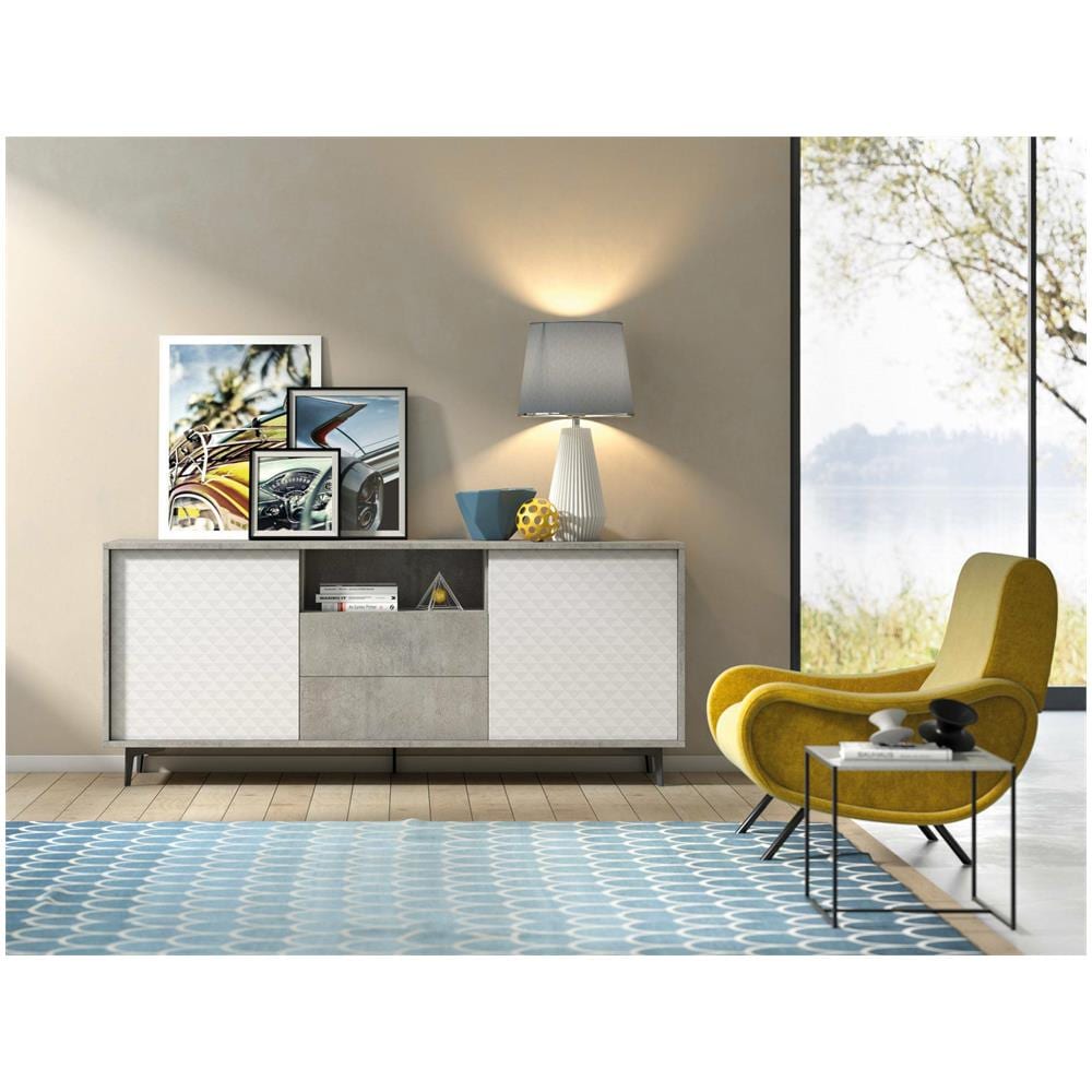 Credenza Garofano, Mobile Buffet A 2 Ante E 2 Cassetti, Madia Elegante Da Soggiorno, Mobile Porta Tv, 100% Made In Italy, 184x45h77 Cm, Bianco E Cemento - Foto 1