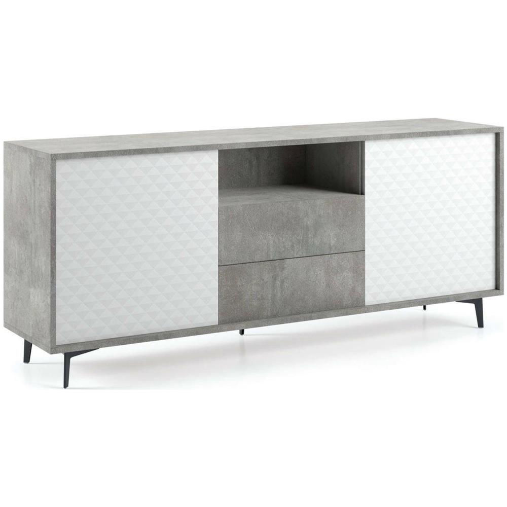 Credenza Garofano, Mobile Buffet A 2 Ante E 2 Cassetti, Madia Elegante Da Soggiorno, Mobile Porta Tv, 100% Made In Italy, 184x45h77 Cm, Bianco E Cemento - Foto 2