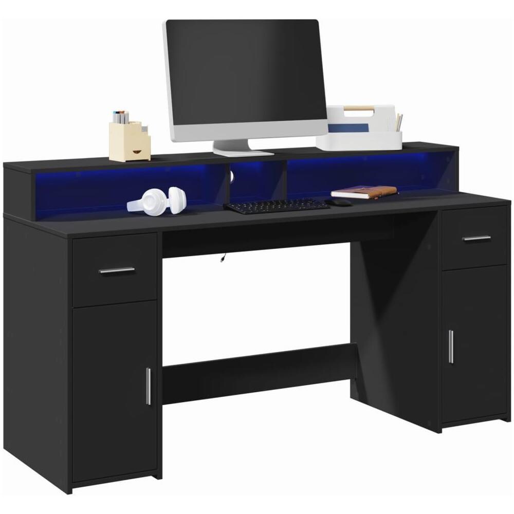 Scrivania con Luci LED Nera 160x55x91 cm in Legno Multistrato - Foto 2