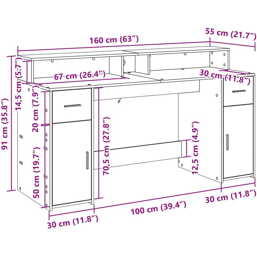 Scrivania con Luci LED Nera 160x55x91 cm in Legno Multistrato - Foto 10