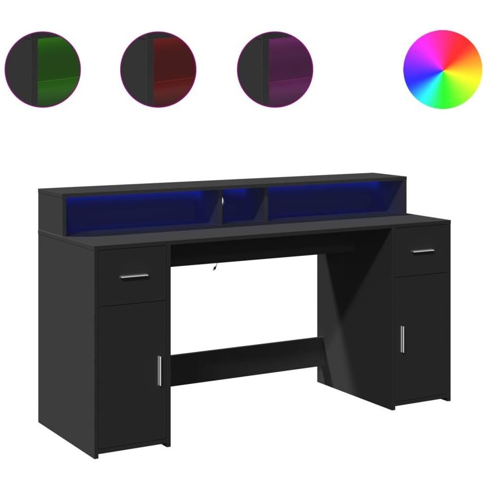 Scrivania con Luci LED Nera 160x55x91 cm in Legno Multistrato - Foto 1