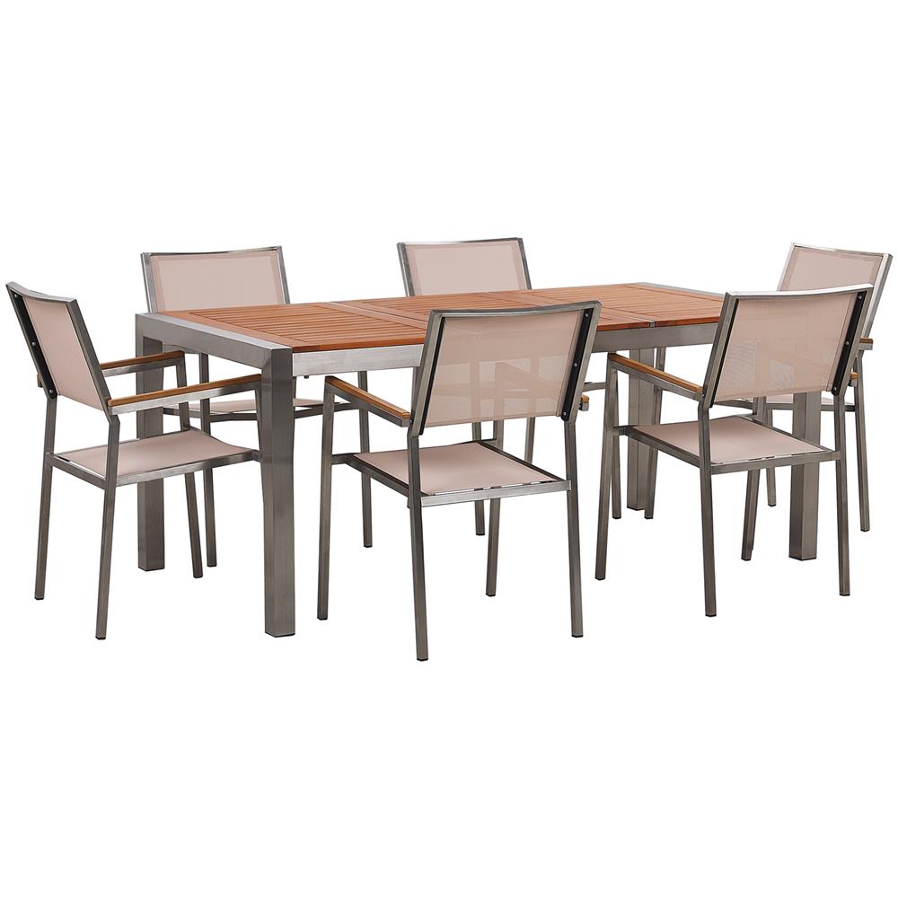 Set Da Giardino Tavolo In Eucalipto E 6 Sedie In Fibra Tessile Beige Grosseto - Foto 1