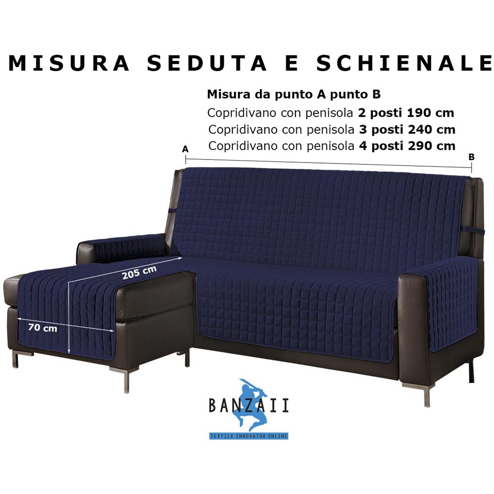 Copridivano Con Penisola Destra / sinistra Trapuntato Tinta Unita Antimacchia Reversibile 4 Posti Blu - Foto 2