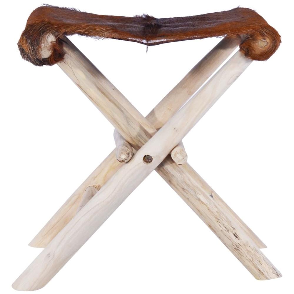 Sgabello Pieghevole in Vera Pelle di Capra e Legno di Teak - Foto 2