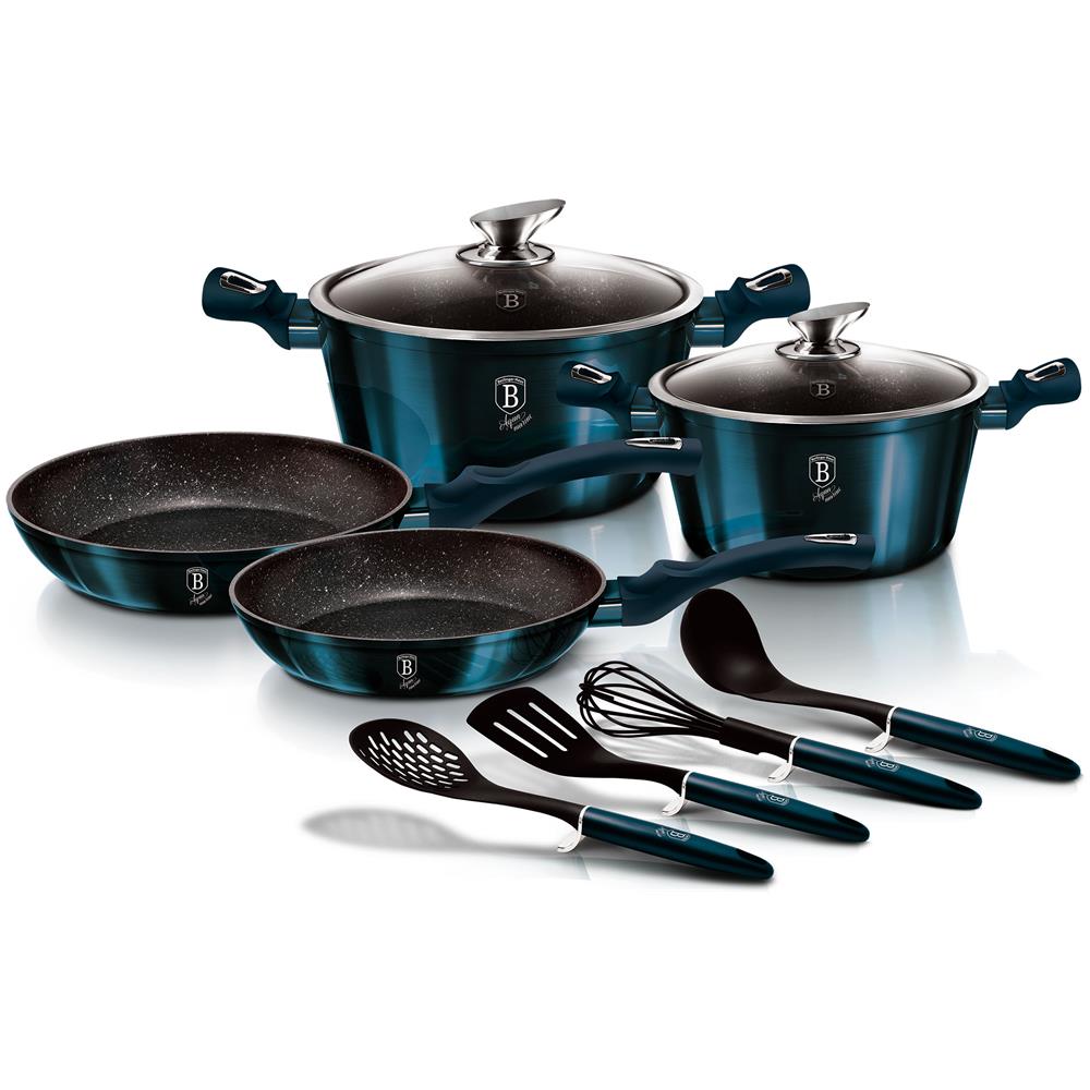 Aquamarine Set Di Pentole Induzione 10-piece Alluminio Antiaderente 2 Casseruoli 2 Padelle Blu Marino - Foto 1