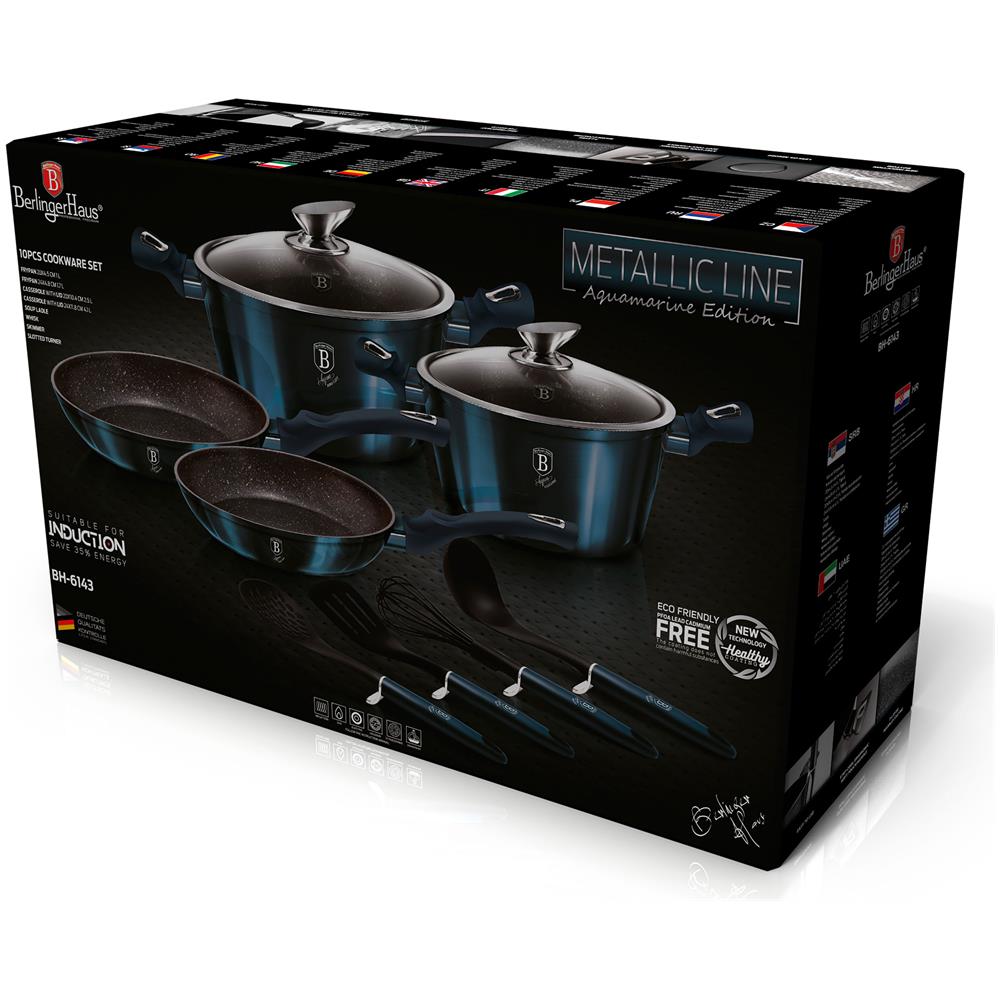 Aquamarine Set Di Pentole Induzione 10-piece Alluminio Antiaderente 2 Casseruoli 2 Padelle Blu Marino - Foto 2