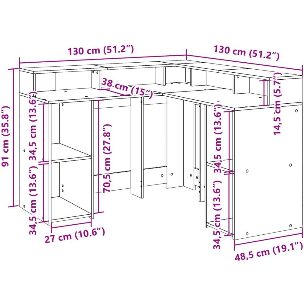 Scrivania con Luci LED Grigio Cemento 130x130x91 cm Multistrato - Foto 10
