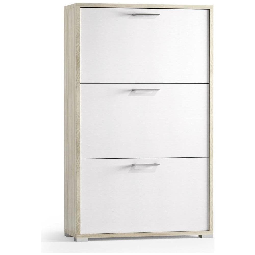 Scarpiera Peonia, Mobile Multiuso Da Ingresso Con 3 Ante A Ribalta, Armadietto Portascarpe A Doppia Profondità, 100% Made In Italy, 67x28h112 Cm, Bianco E Olmo - Foto 2