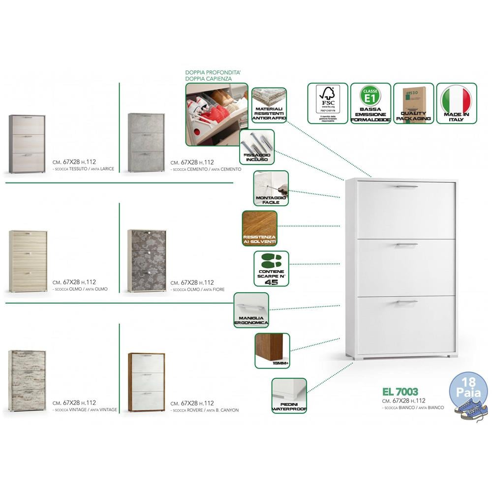 Scarpiera Peonia, Mobile Multiuso Da Ingresso Con 3 Ante A Ribalta, Armadietto Portascarpe A Doppia Profondità, 100% Made In Italy, 67x28h112 Cm, Bianco E Olmo - Foto 4