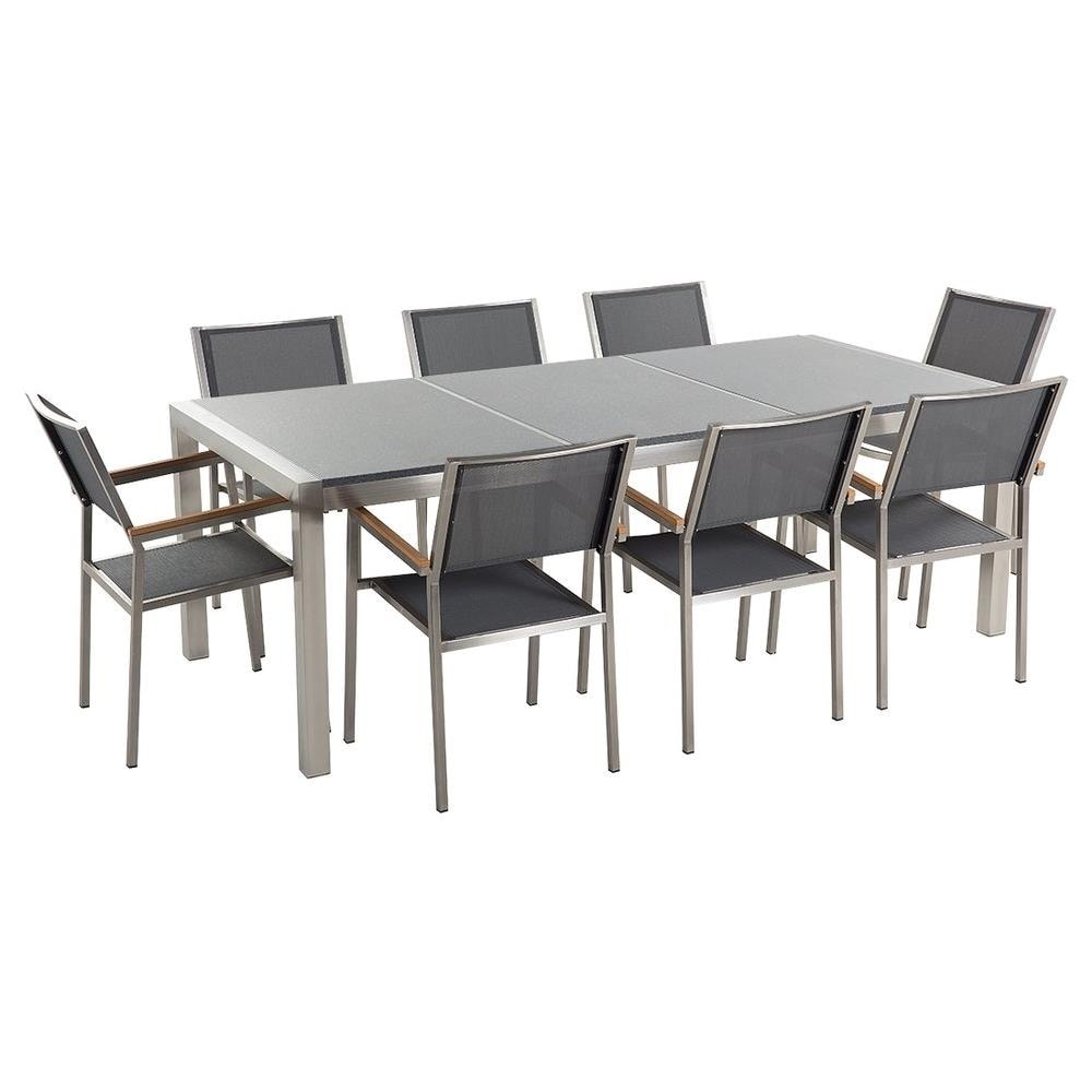 Set Di Tavolo E 8 Sedie Da Giardino In Acciaio, Granito E Fibra Tessile Grigia - Grigio Lucido - 220cm - Grosseto - Foto 1