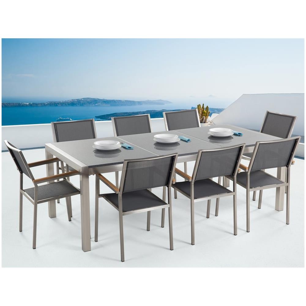 Set Di Tavolo E 8 Sedie Da Giardino In Acciaio, Granito E Fibra Tessile Grigia - Grigio Lucido - 220cm - Grosseto - Foto 2