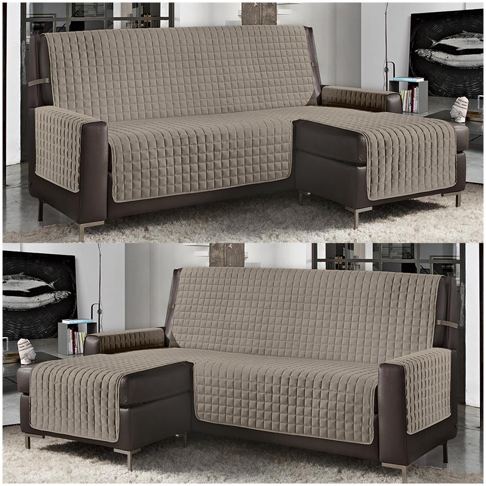 Copridivano Con Penisola Destra / sinistra Trapuntato Tinta Unita Antimacchia Reversibile 3 Posti Sabbia - Foto 1