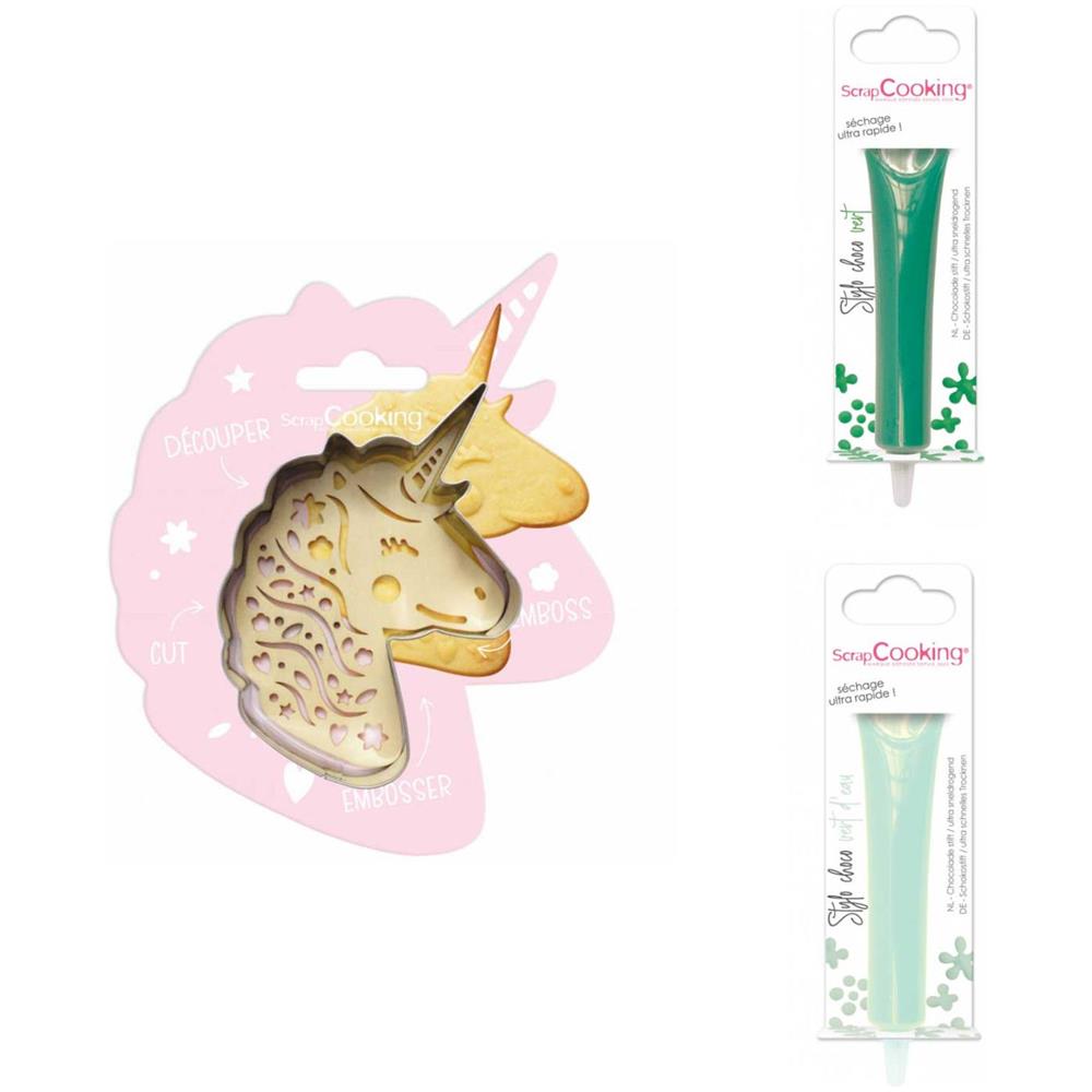 Kit Biscotti Unicorno + 2 Penne Al Cioccolato Verde E Verde Acqua - Foto 1