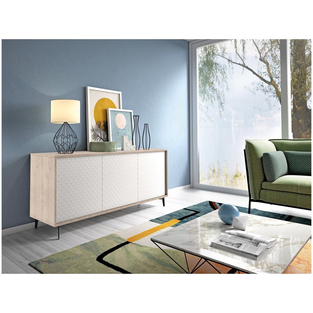Credenza Fresia, Mobile Buffet A 3 Ante E 1 Ripiano Regolabile, Madia Elegante Da Soggiorno, Mobile Porta Tv, 100% Made In Italy, 184x45h77 Cm, Bianco E Rovere - Foto 1