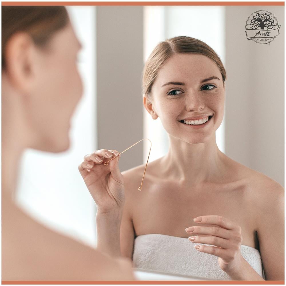 Tongue Rame Raschietto Naturalmente Antimicrobico Prevenire Le Malattie Di Salute Orale Ayurveda Pulitore Della Linguetta E Alito Cattivo Must Have Per Igiene Dentale Facile Da Usare E Da Pulire Arista Ayurveda - Foto 4