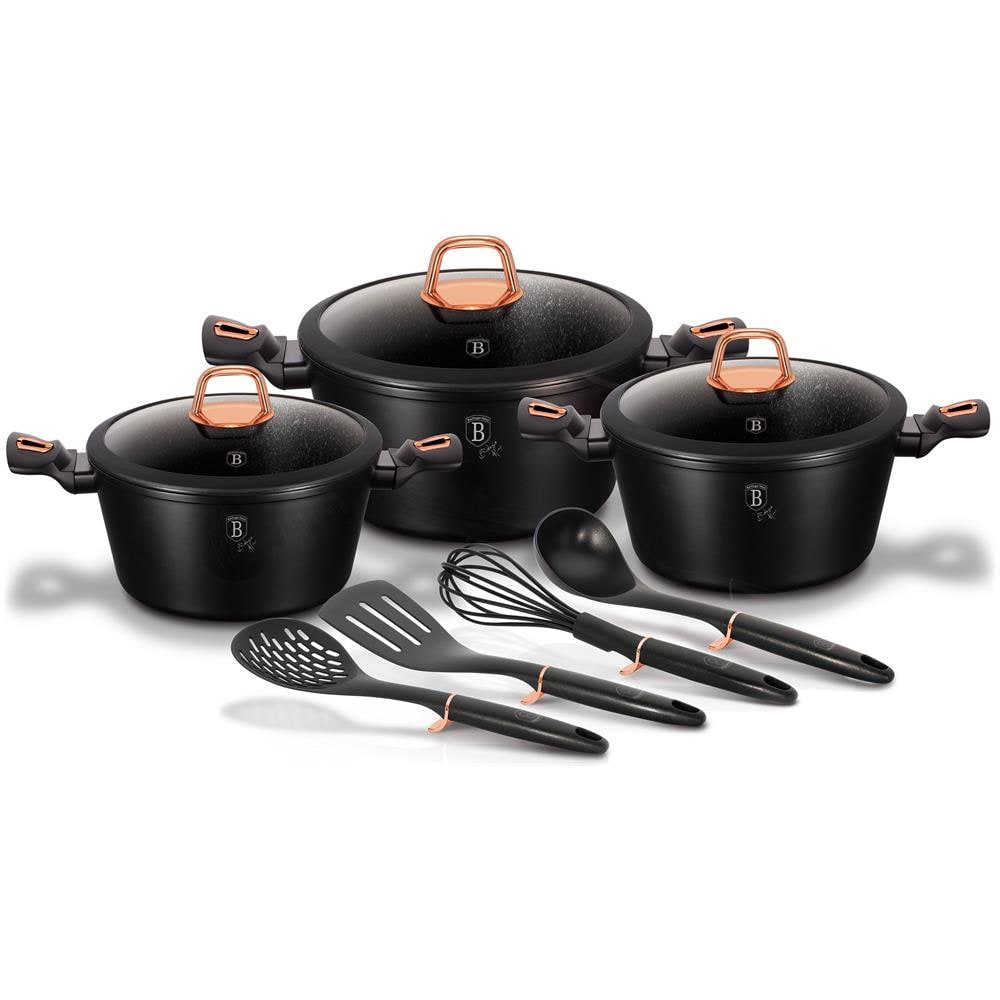 Black Rose Set Di Pentole Induzione 10-piece Alluminio Antiaderente 3 Casseruoli 3 Coperchi Nero - Foto 1