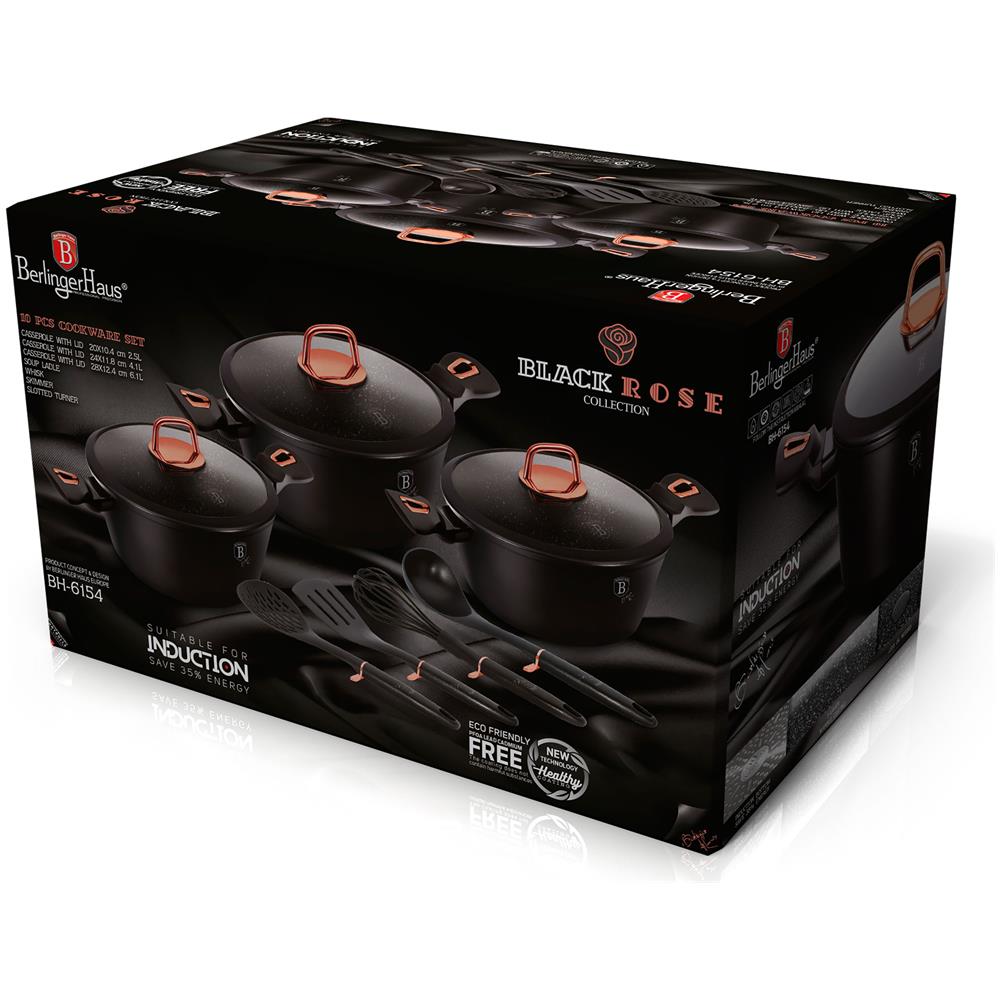 Black Rose Set Di Pentole Induzione 10-piece Alluminio Antiaderente 3 Casseruoli 3 Coperchi Nero - Foto 2