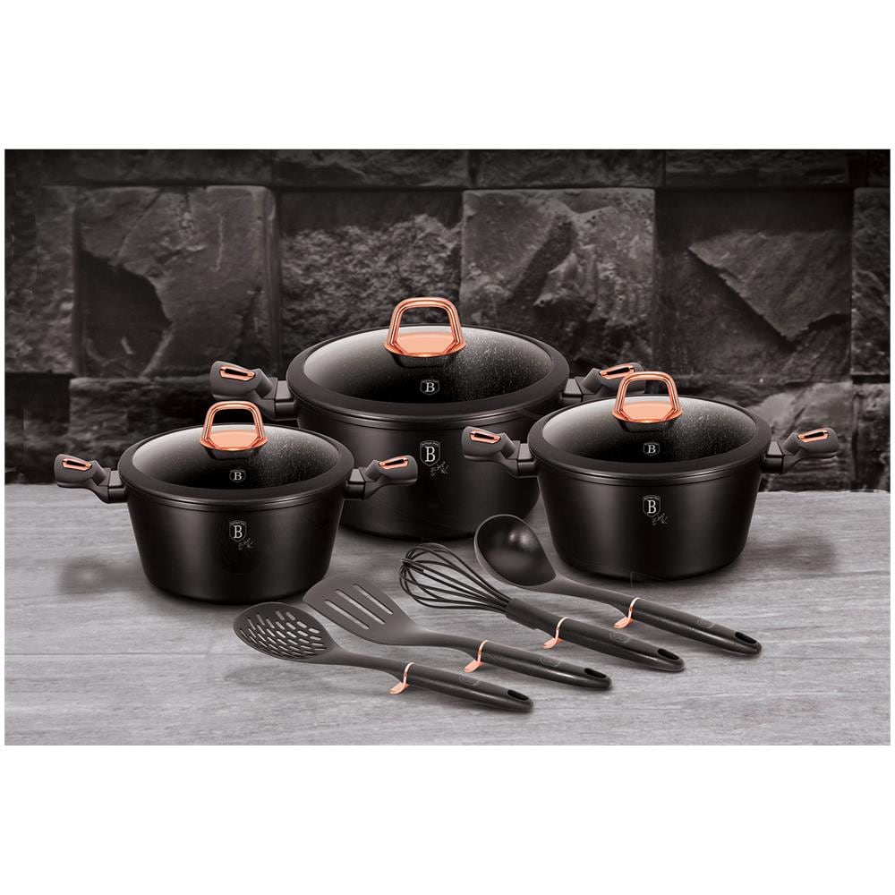 Black Rose Set Di Pentole Induzione 10-piece Alluminio Antiaderente 3 Casseruoli 3 Coperchi Nero - Foto 4