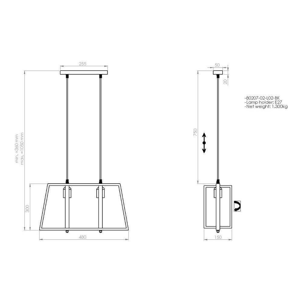 Lampada A Sospensione Novea, Lampadario, Da Soffitto, Nero, Oro Metallo, 15 X 48 X 105 Cm, 2 X E27, Max 40w - Foto 2