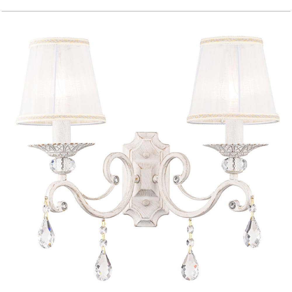 Applique Shabby Chic Grace Metallo Bianco 2 Luci Diffusori Tessuto Su Pvc Bianco - Foto 1