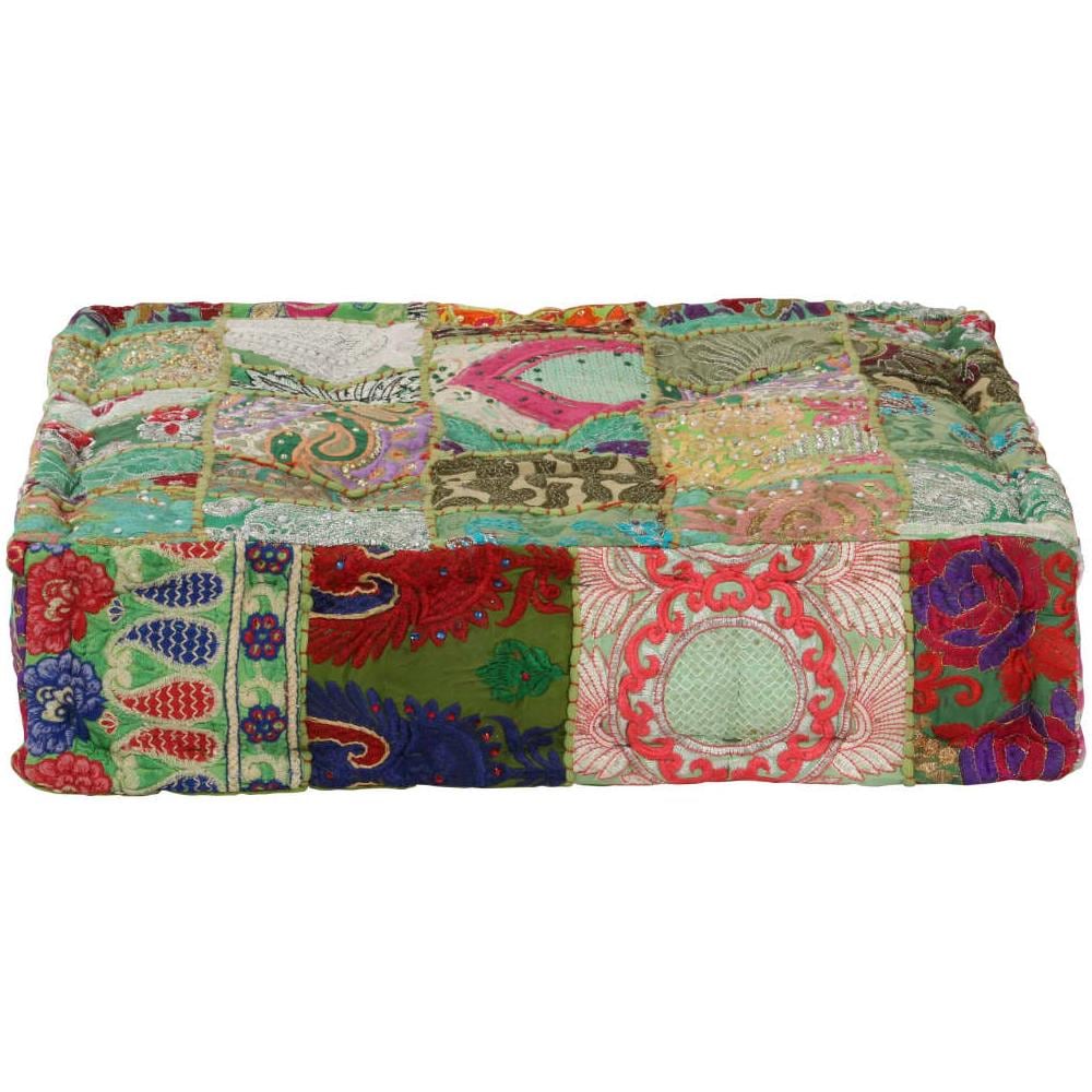 Pouf Patchwork In Cotone Fatto A Mano Quadrato 50x50x12cm Verde - Foto 1