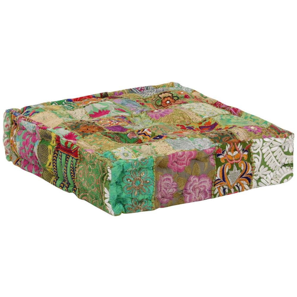 Pouf Patchwork In Cotone Fatto A Mano Quadrato 50x50x12cm Verde - Foto 7