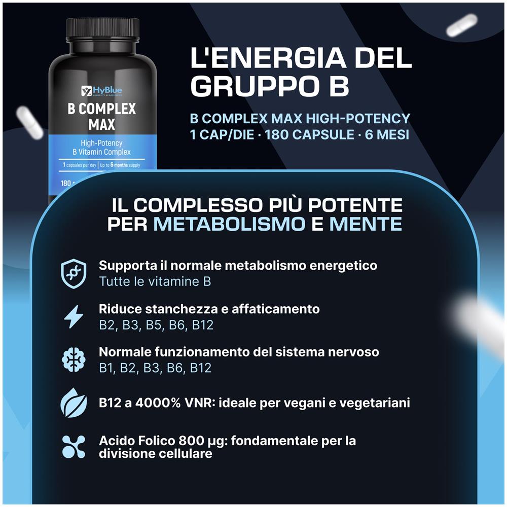 Vitamina B Complex Alto Dosaggio 180 Capsule | Complesso Vitamine Gruppo B con B12, Biotina e Acido Folico | Supporto Energia, Sistema Nervoso e Riduzione Stanchezza | 100% Vegano, Senza Glutine e Senza Lattosio | Fino a 6 Mesi - Foto 1