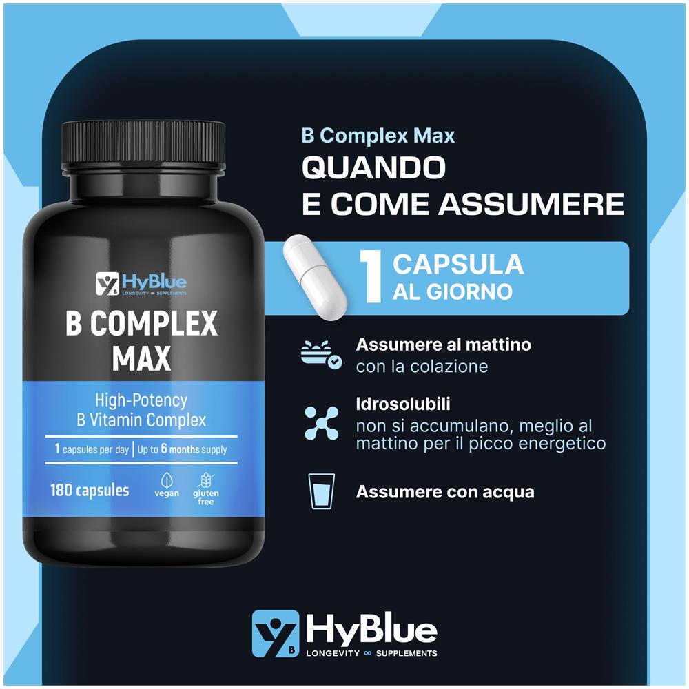 Vitamina B Complex Alto Dosaggio 180 Capsule | Complesso Vitamine Gruppo B con B12, Biotina e Acido Folico | Supporto Energia, Sistema Nervoso e Riduzione Stanchezza | 100% Vegano, Senza Glutine e Senza Lattosio | Fino a 6 Mesi - Foto 2