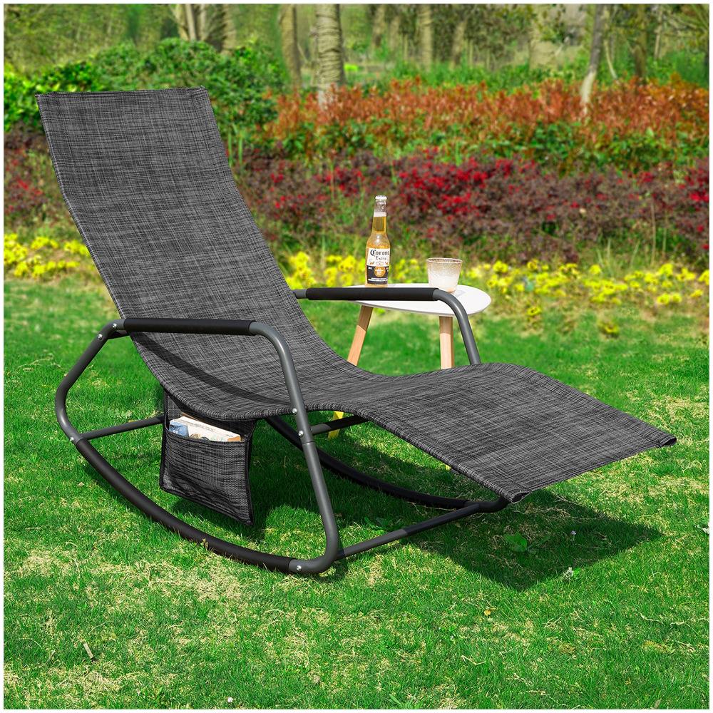 Poltrona A Dondolo Da Giardino Sedia A Dondolo Esterno Con Tasca Laterale Portata Fino A 150 Kg Grigio Scuro Ogs47-ms - Foto 7