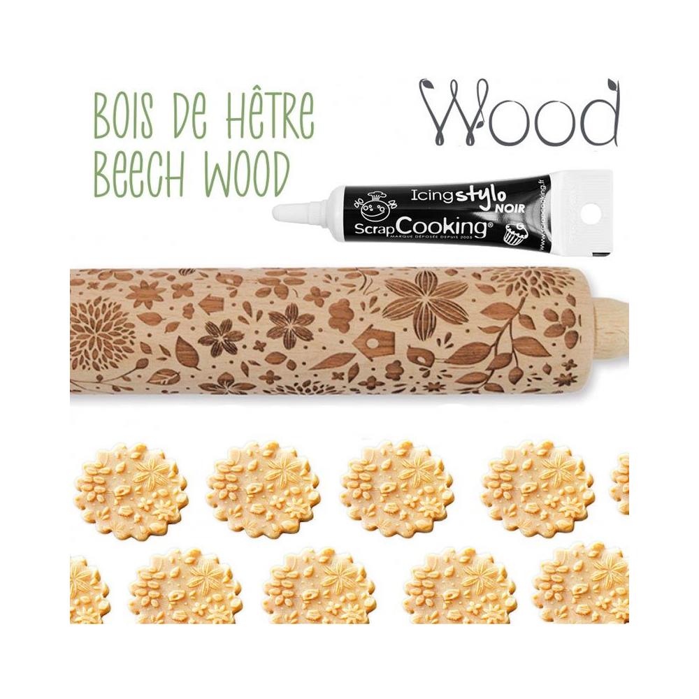 Rotolo Di Pasta Sfoglia In Legno Con Impronte Naturali + Penna Per Glassa Nera - Foto 2