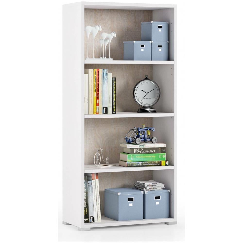 Libreria Giacinto, Biblioteca A 3 Ripiani Regolabili, Scaffale Per Libri, Mobile Da Parete Con Ripiani, 100% Made In Italy, 60x30h130 Cm, Bianco E Rovere - Foto 4