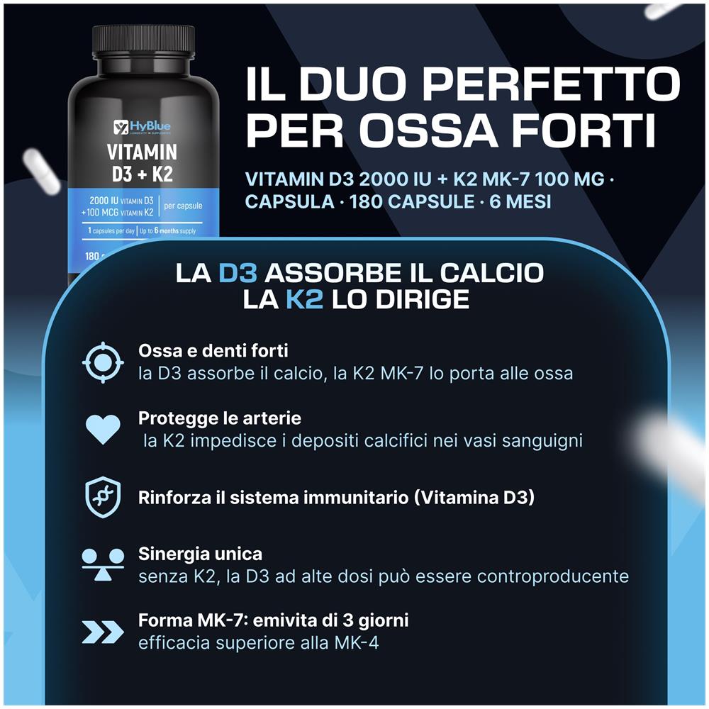 Vitamina D3 2000 UI + K2 MK-7 100 mcg 180 Compresse | Sinergia per Ossa, Denti e Sistema Immunitario | Alta Biodisponibilità | 100% Vegano, Senza Glutine e Senza Lattosio | Fino a 6 Mesi - Foto 1