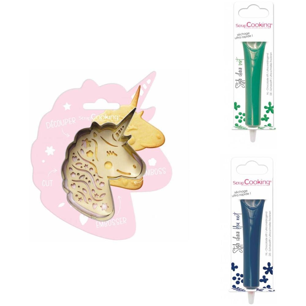 Kit Biscotti Unicorn Relief + 2 Penne Al Cioccolato Verde E Blu Notte - Foto 1