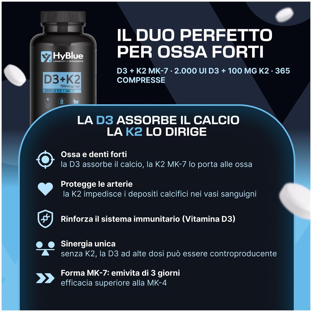 Vitamina D3 2000 UI + K2 MK-7 100 mcg 360 Compresse | Sinergia per Ossa, Denti e Difese Immunitarie | Alta Biodisponibilità | 100% Vegano, Senza Glutine e Senza Lattosio | Fino a 12 Mesi - Foto 1