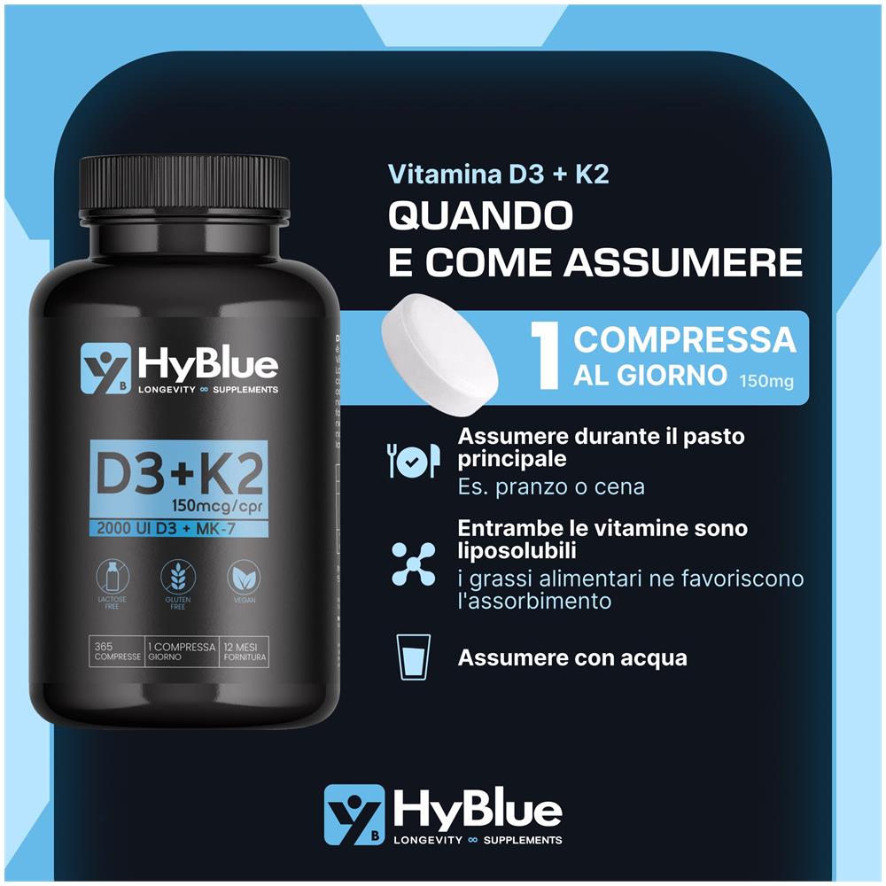 Vitamina D3 2000 UI + K2 MK-7 100 mcg 360 Compresse | Sinergia per Ossa, Denti e Difese Immunitarie | Alta Biodisponibilità | 100% Vegano, Senza Glutine e Senza Lattosio | Fino a 12 Mesi - Foto 2