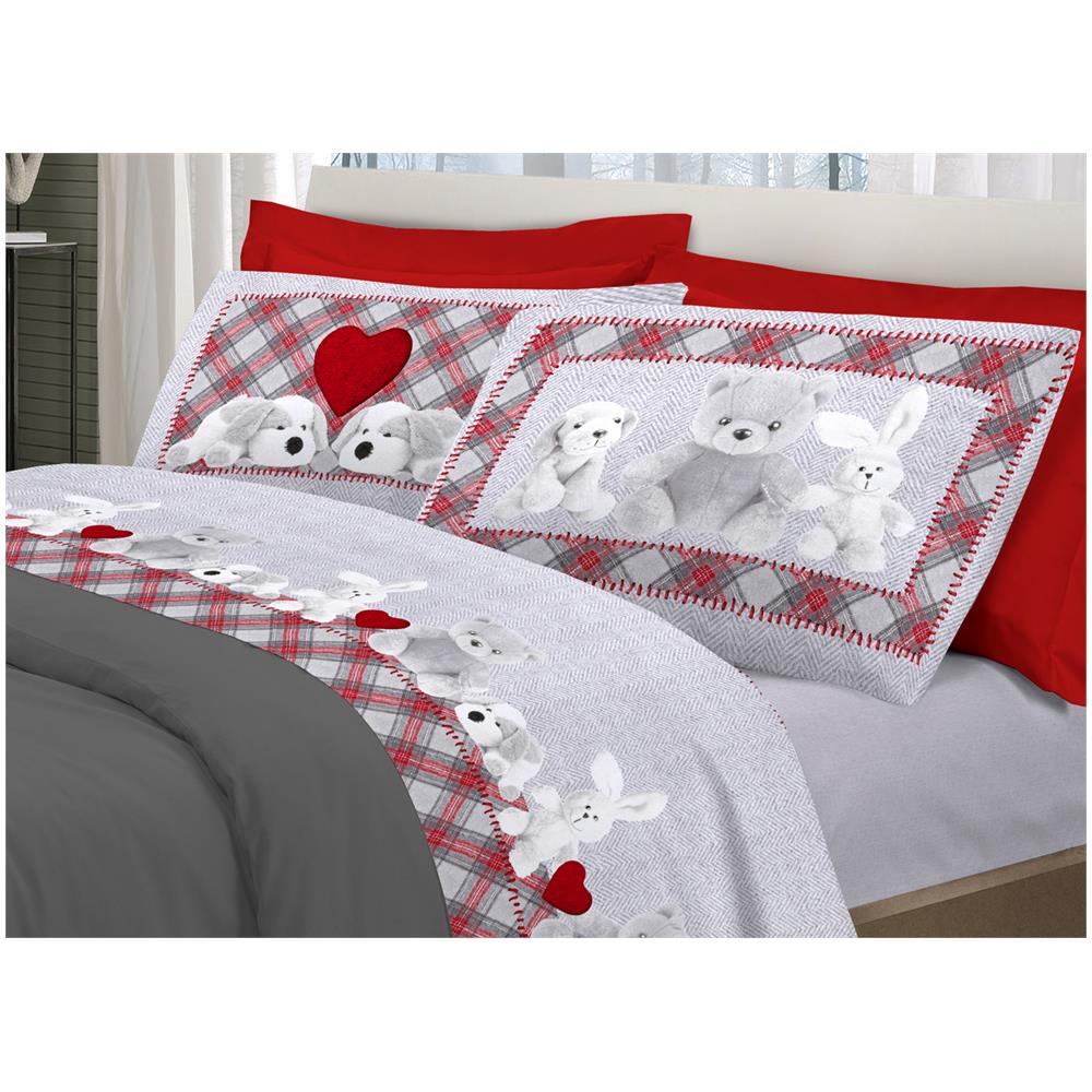 Completo Lenzuola Flanella Pensieri Delicati 100% Cotone Dis. Peluches Grigio Matrimoniale Grigio - Foto 1