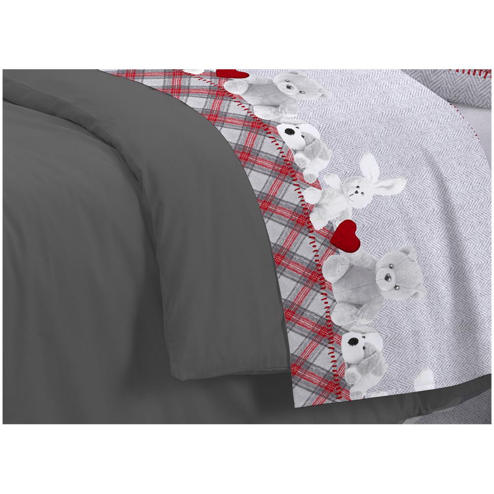 Completo Lenzuola Flanella Pensieri Delicati 100% Cotone Dis. Peluches Grigio Matrimoniale Grigio - Foto 2