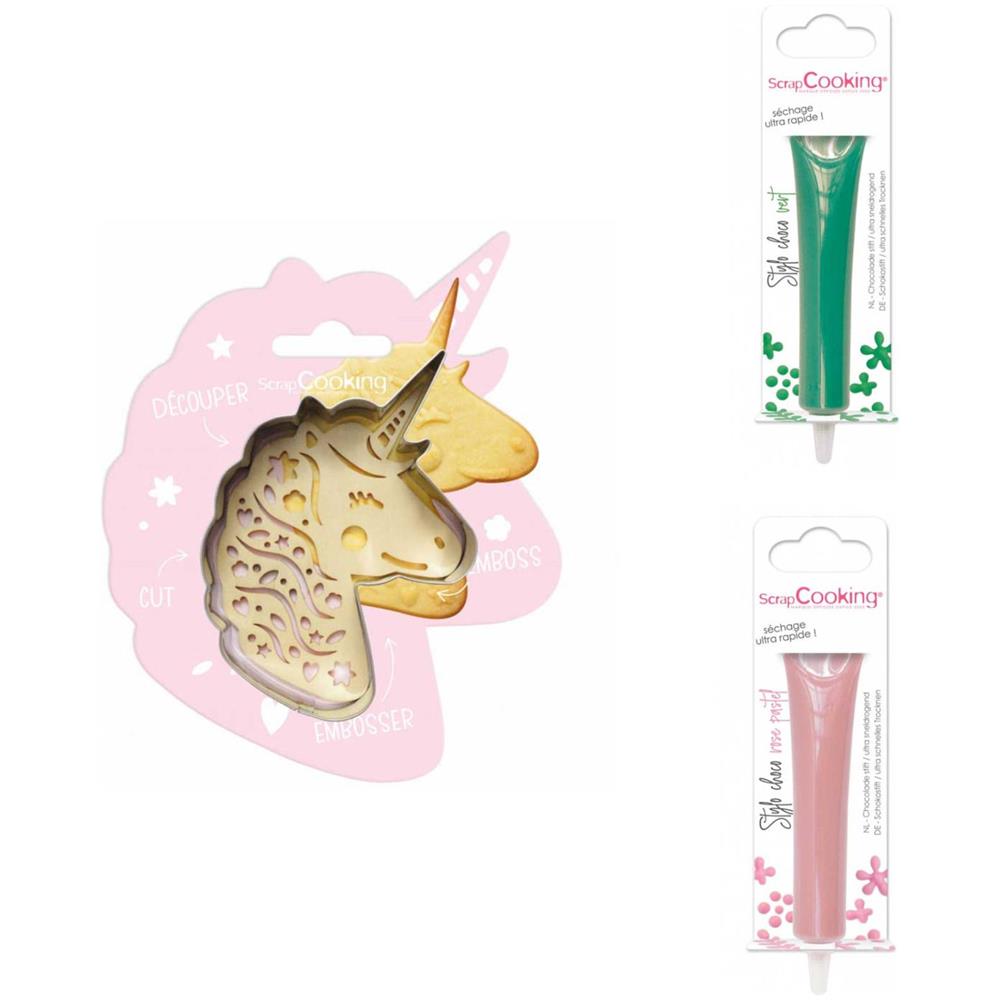 Kit Biscotti Unicorn Relief + 2 Penne Al Cioccolato Verde Pastello E Rosa - Foto 1