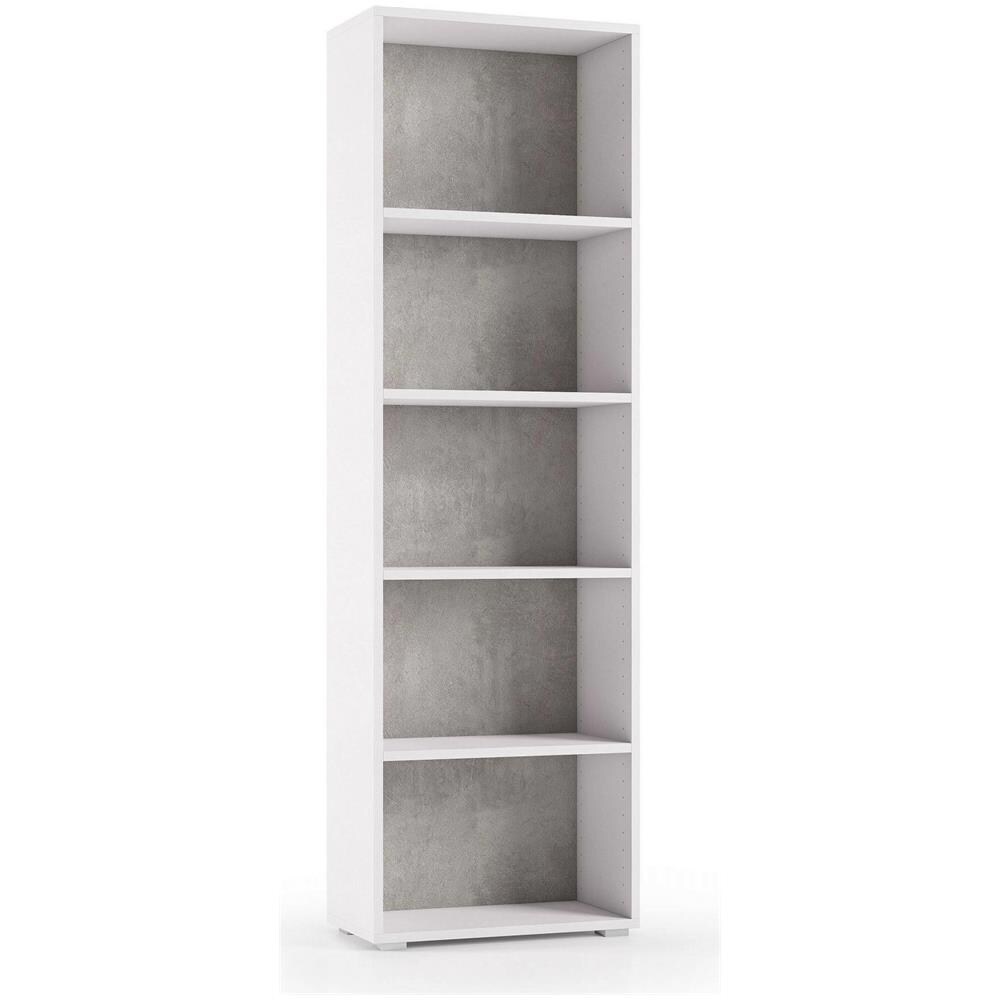 Libreria Girasole, Biblioteca A 4 Ripiani Regolabili, Scaffale Per Libri, Mobile Da Parete Con Ripiani, 100% Made In Italy, 60x30h195 Cm, Bianco E Cemento - Foto 2
